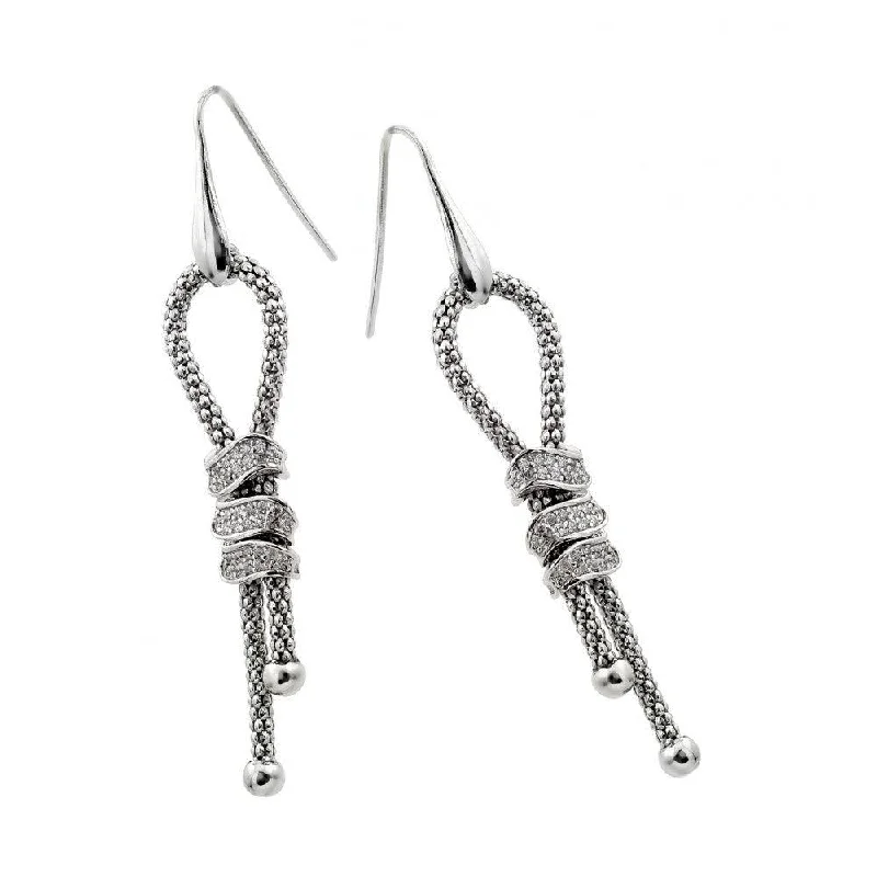 Ladies earrings Asian styles-Silver 925 Rhodium Dangling Ribbon Center Rectangular CZ Inlay Dangling Hook Earrings - ECE011RH