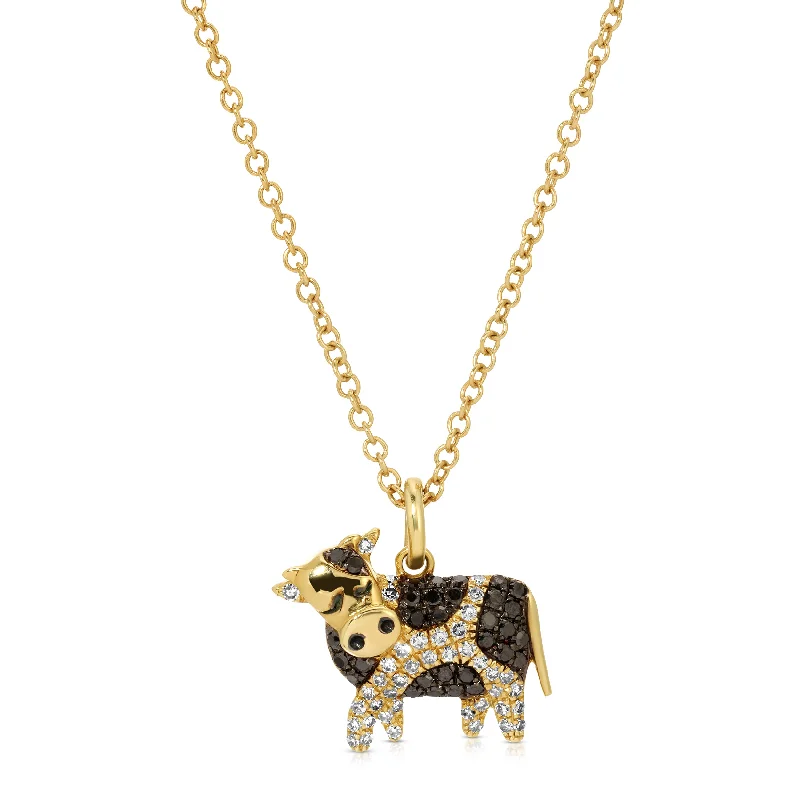 Ladies rings colorful stones-Black+White Diamond Cow Charm Necklace