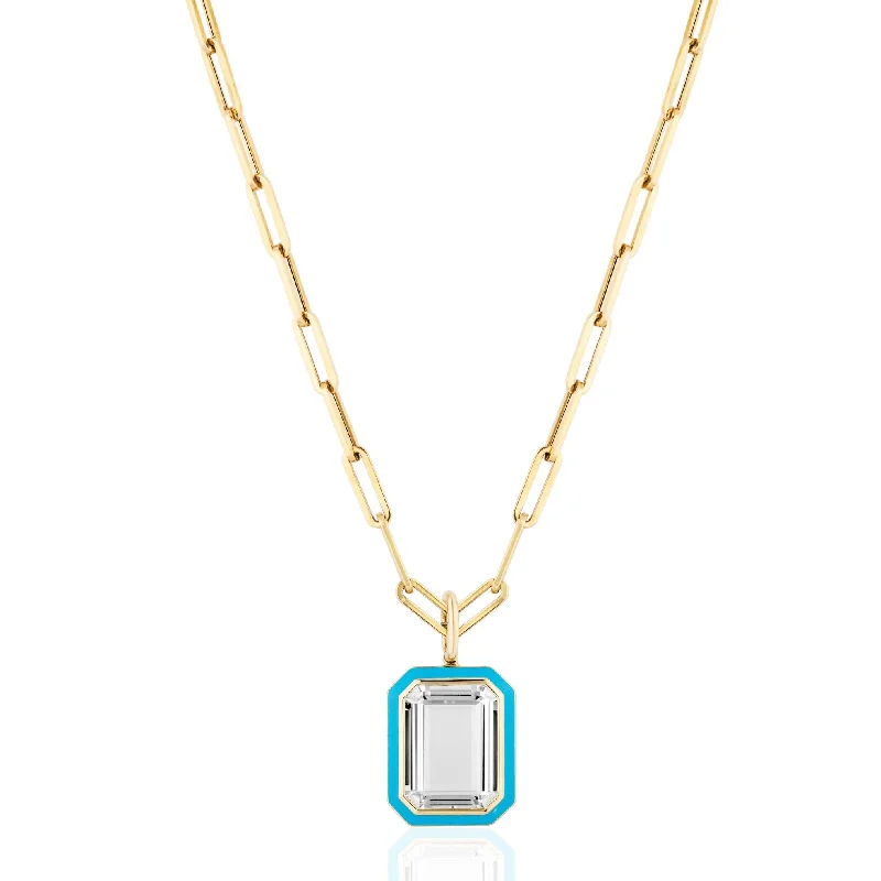 Ladies rings minimalist trends-Rock Crystal Emerald-Cut Necklace with Enamel