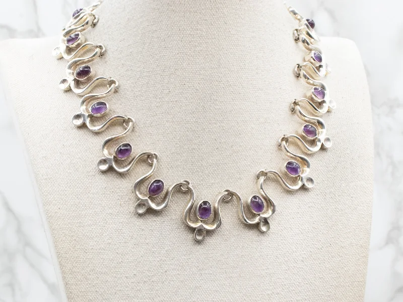 Ladies rings one-of-a-kind-Sterling Silver Bold Amethyst Tulip-Link Collar Necklace