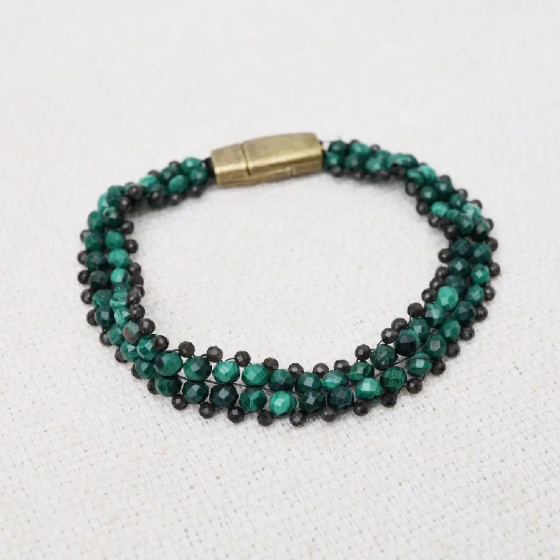 Ladies bracelets gothic charm-Hand Woven Soft Bracelet of Malachite & Smokey Quartz Trim Bracelet