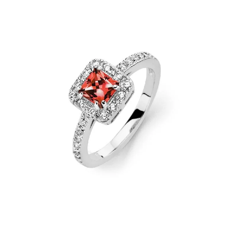 Ladies rings celebrity trends-Silver 925 Rhodium Plated Clear Micro Pave Set Red Square Center CZ Bridal Ring - BGR00733