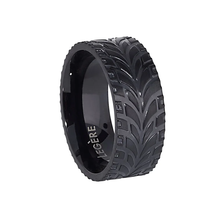 Ladies rings modern appeal-Black IP Finish Stainless Steel Feathered Band  - Size 8