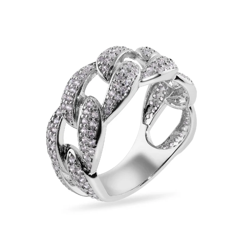 Ladies rings age suitability-Rhodium Plated 925 Sterling Silver Curb Clear CZ 11.2mm Ring - GMR00396