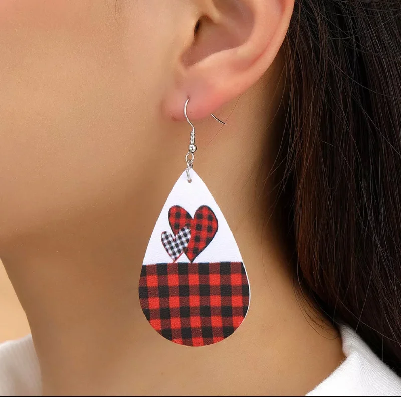 Ladies earrings bridal must-haves-Leather Plaid Hearts Drop Earrings