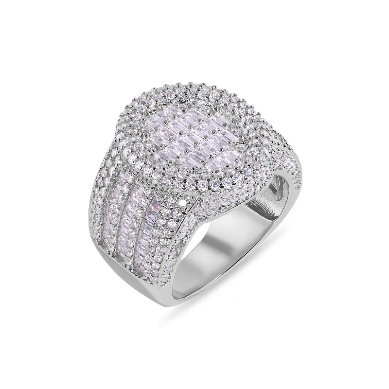 Ladies rings ethnic flair-Rhodium Plated 925 Sterling Silver Statement Baguette Clear CZ Oval Top 20.6mm Ring - GMR00388