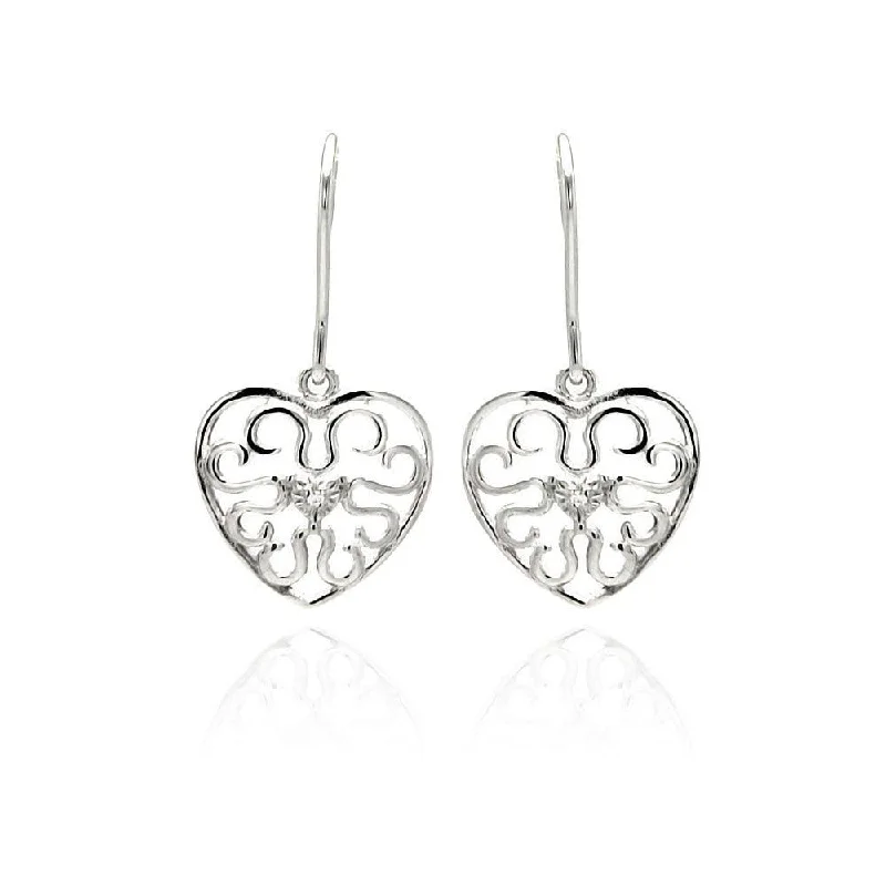 Ladies earrings party wear-Silver 925 Rhodium Plated Small Round CZ Heart Filigree Dangling Earrings - STE00889