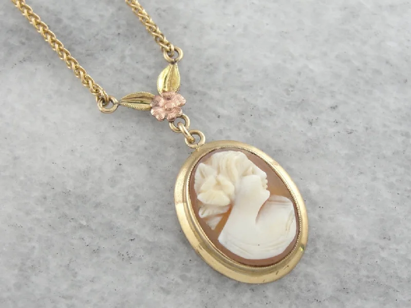 Ladies rings hypoallergenic-Retro Era Cameo Necklace with Floral Detail in Rose Gold