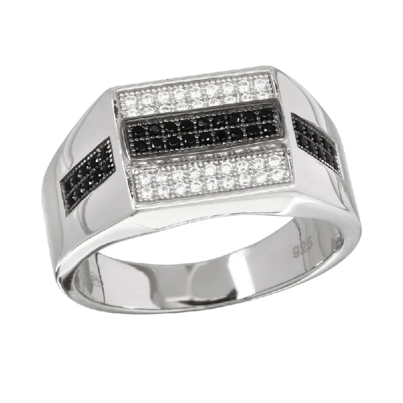 Ladies rings global brands-Rhodium Plated 925 Sterling Silver Rectangle Black and Clear CZ Ring - GMR00216RB