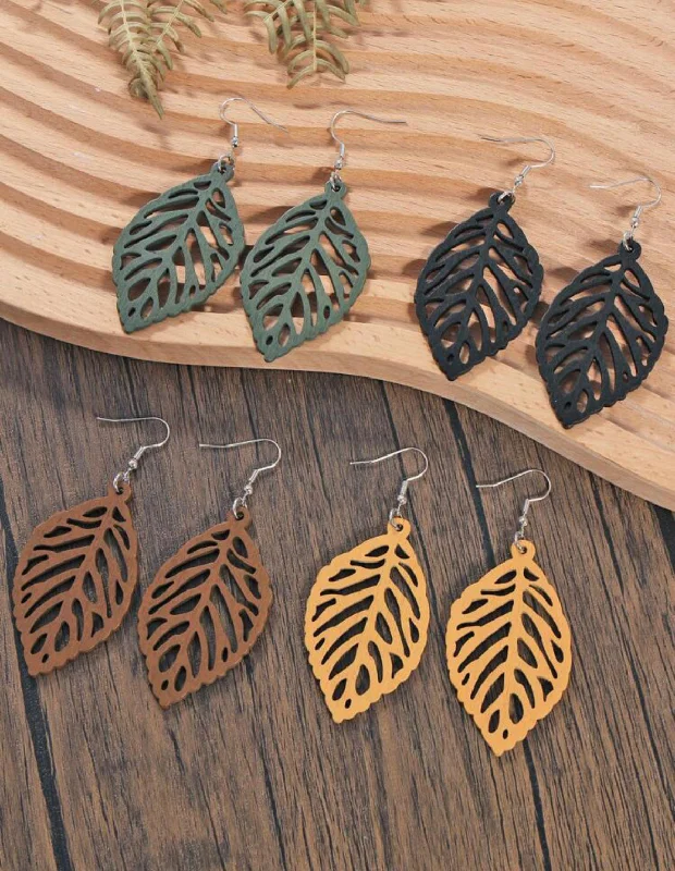 Ladies earrings viral trends-4 Pairs of Hollow Leaf-Shaped Wooden Earrings