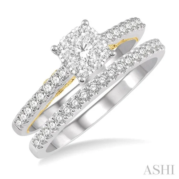 Ladies engagement rings twisted styles-5/8 Ctw Lovebright Diamond Wedding Set With 1/2 Ctw Cushion Shape Engagement Ring 14K White and Yellow Gold & 1/6 Ctw Wedding Band in 14K White Gold