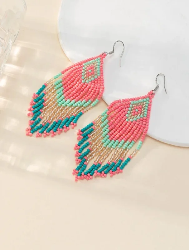 Ladies earrings celebrity trends-Beautiful Pink and Blue Beaded Tassel Earrings