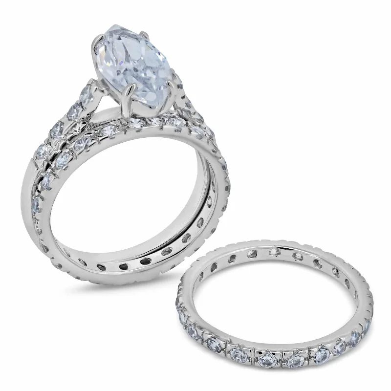 Ladies rings ring finger-Silver 925 Rhodium Plated Clear Marquise Center Round CZ Bridal Ring Set - BGR00249