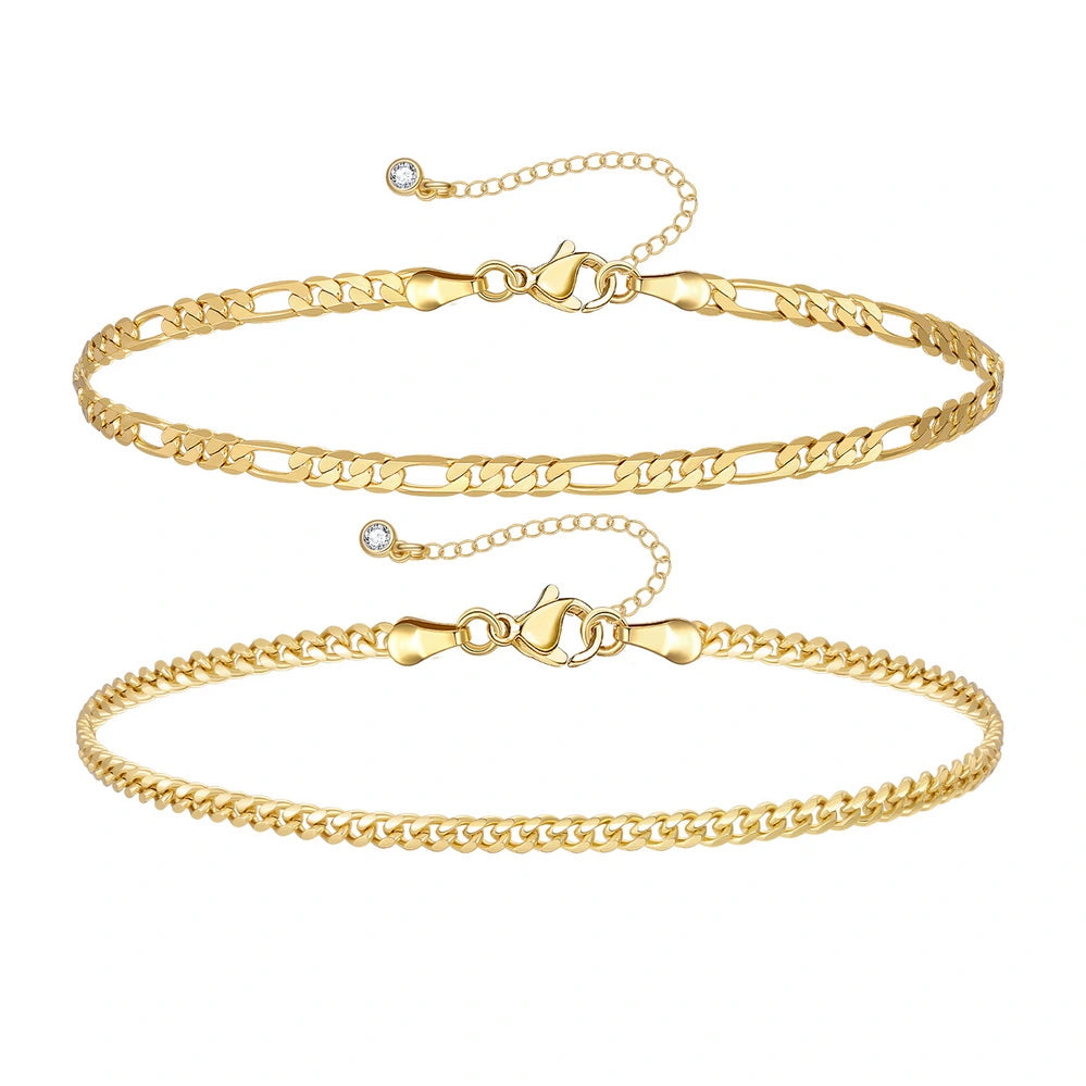 Ladies bracelets limited editions-Dainty 14k Gold Plated Layering Anklets Bracelets Set-Figaro & 3mm cuban