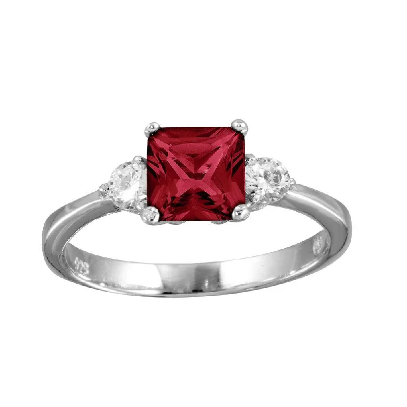 Ladies rings titanium picks-Rhodium Plated 925 Sterling Silver Red CZ Center Stone Ring - BGR01138RED