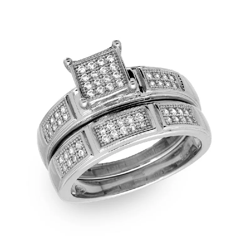 Ladies rings diamond accents-Silver 925 Rhodium Plated Square Pave Center Trio Bridal Ring - GMR00174