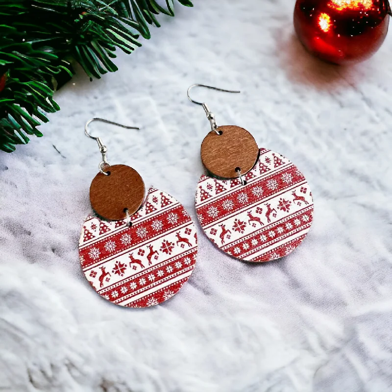 Ladies earrings colorful stones-Beautiful Red and White Christmas Striped Wooden Earrings