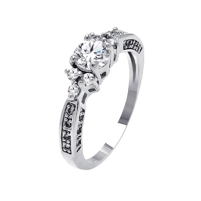 Ladies rings anniversary picks-Silver 925 Rhodium Plated Clear Round Center CZ Bridal Ring - BGR00466