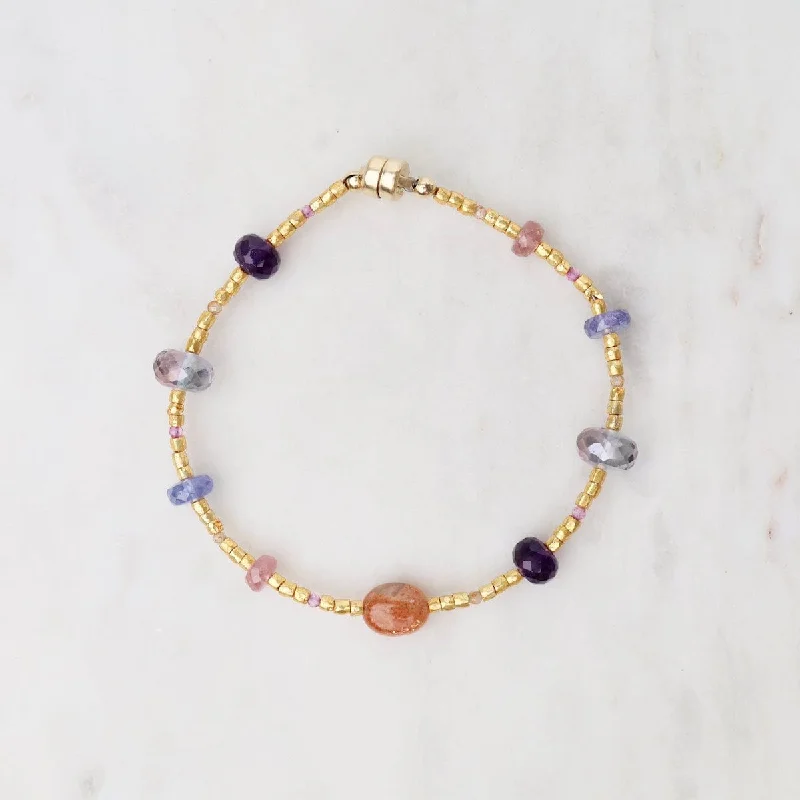 Ladies bracelets anniversary picks-Amethyst Gold Glass Station Magnetic Bracelet