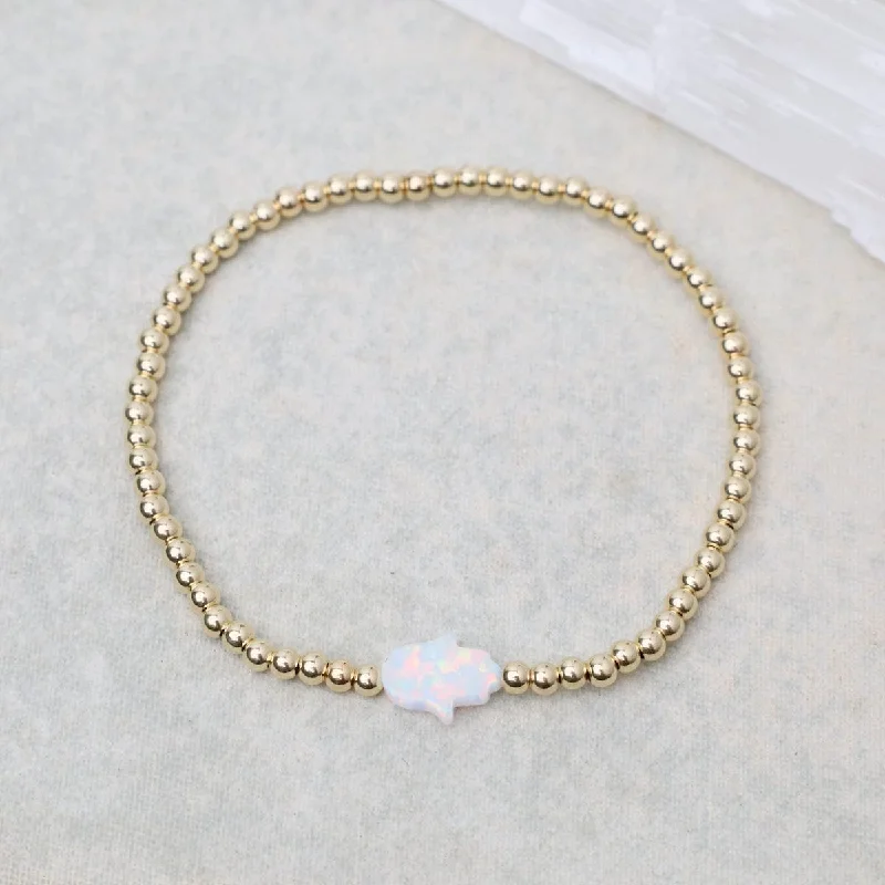 Ladies bracelets sale offers-White Opal Hamsa Gold Filled Ball Bracelet