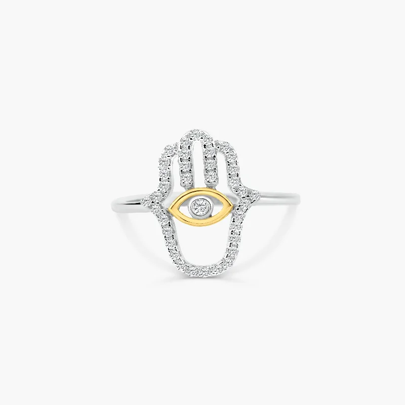 Ladies rings European styles-925 Sterling Silver 2 Toned Plated Hamsa Hand Clear CZ Ring - BGR01359