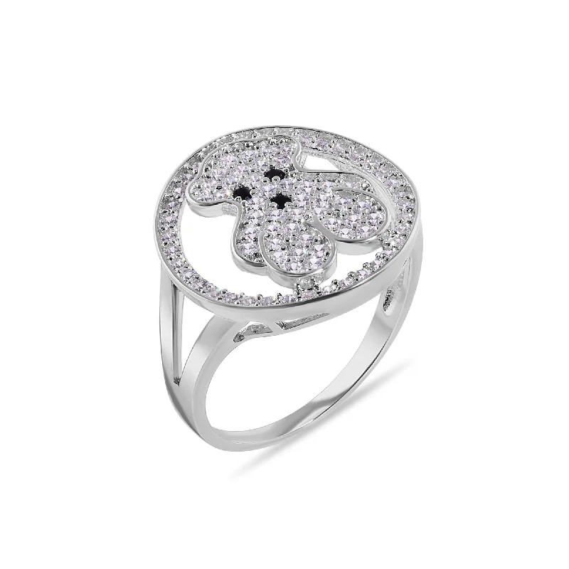 Ladies rings personalized-Rhodium Plated 925 Sterling Silver Teddy Bear Round Top Clear CZ Studded 16.9mm Ring - GMR00408