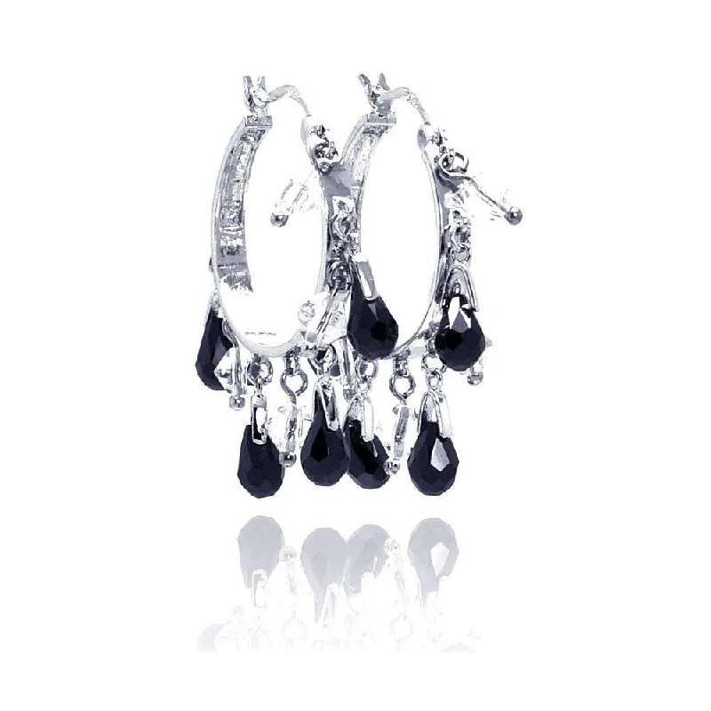 Ladies earrings synthetic jewels-Clearance-Silver 925 Rhodium Plated Clear Black Teardrop Chandelier Dangling Earrings - BGE00020