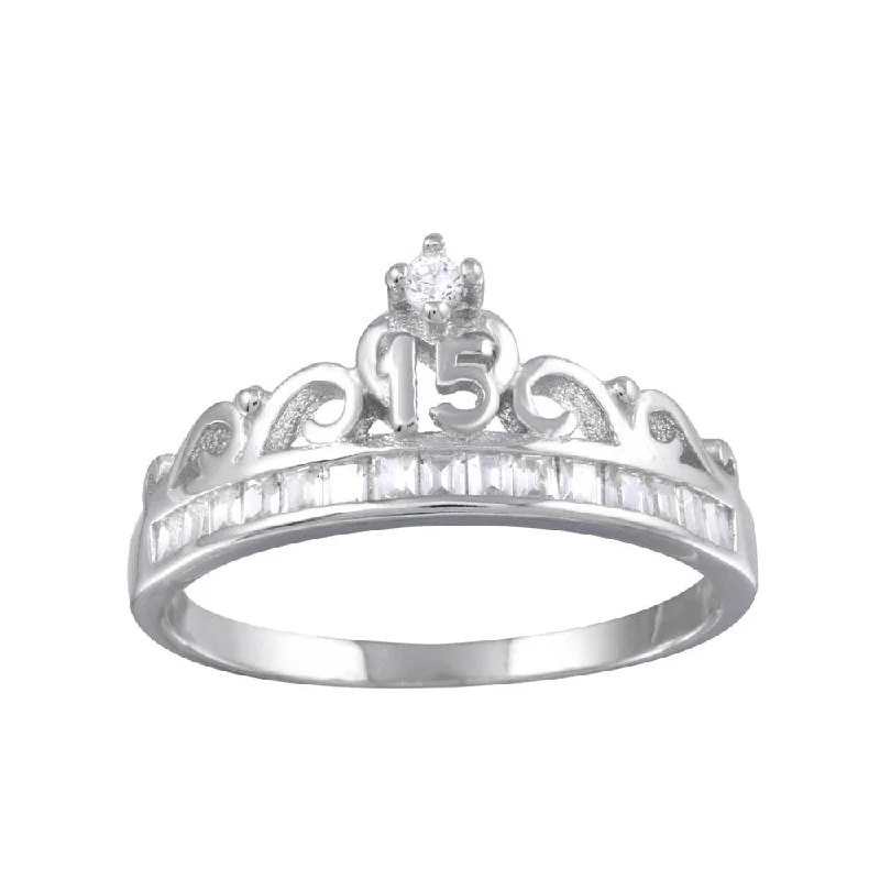 Ladies rings group styles-Rhodium Plated 925 Sterling Silver Crown 15 Ring with CZ - TMR00006