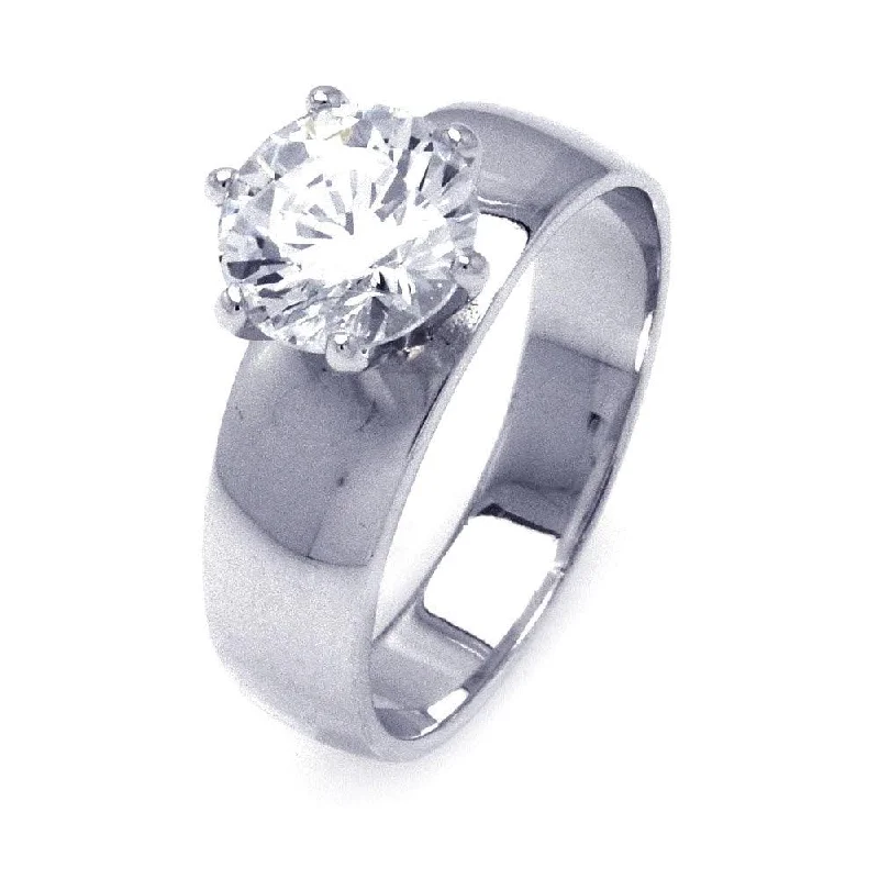 Ladies rings titanium picks-Silver 925 Rhodium Plated Solitaire CZ Wide Ring - STR00777