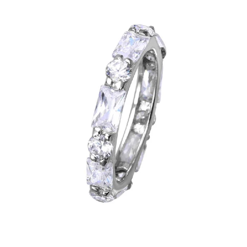 Ladies rings light luxury-Silver 925 Rhodium Plated Clear Baguette Clear CZ Eternity Ring - STR00516