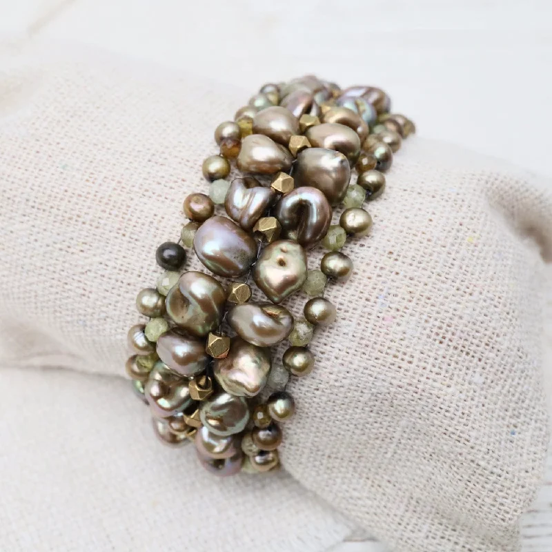 Ladies bracelets fashion picks-Hand Woven Soft Bracelet of Grey-Green Pearls