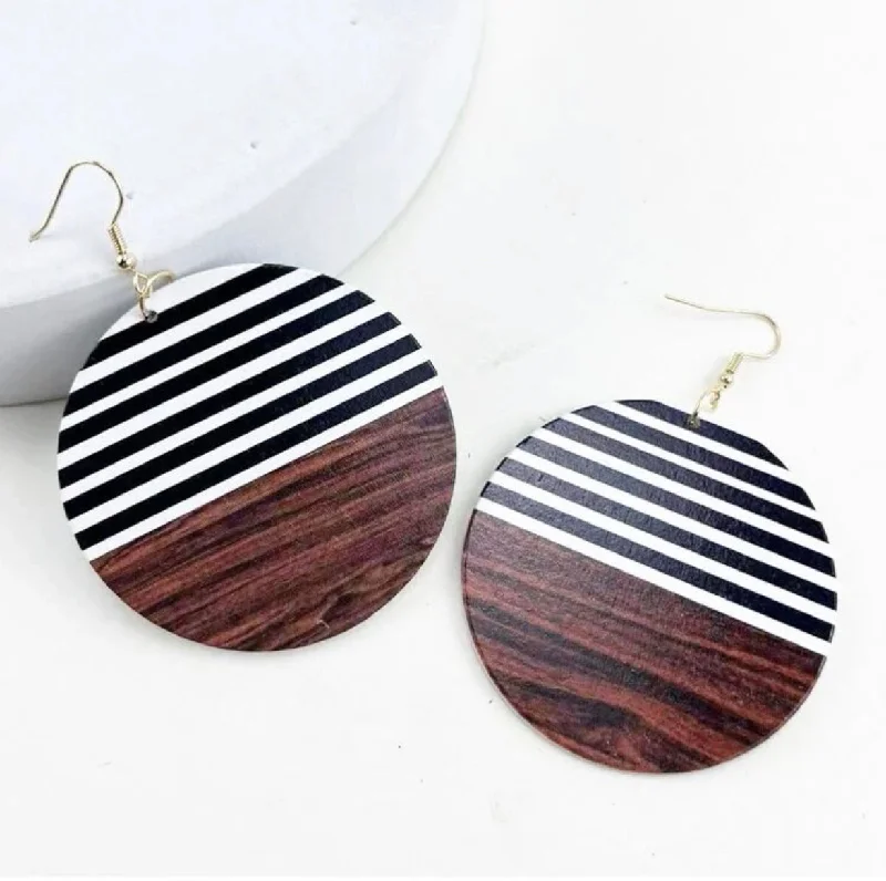 Ladies earrings gold-plated-Round Black and White Striped Wood Earrings