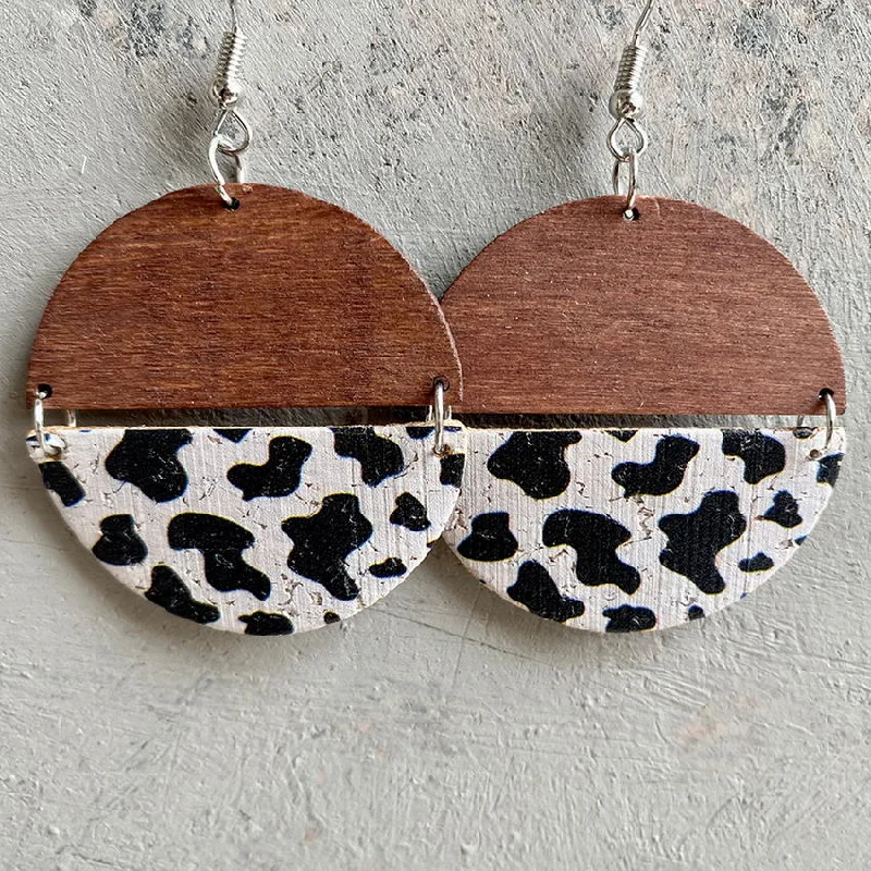 Ladies earrings proposal surprises-Wood and Cork Cow Print Split Circle Geometric Earrings