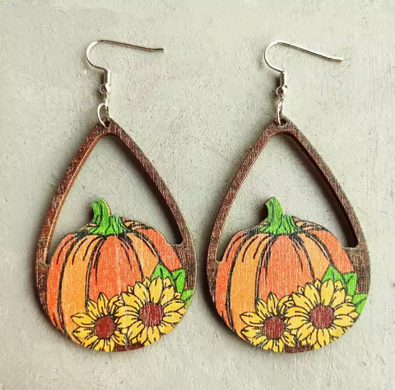 Ladies earrings geometric shapes-Wooden Fall Pumpkin Drop Earrings