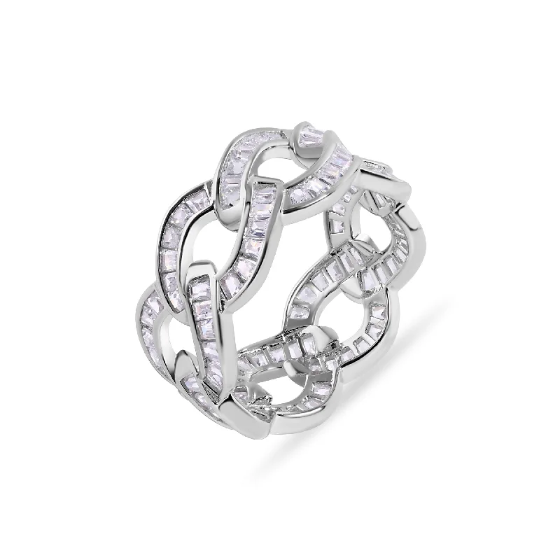 Ladies rings wedding accessories-Rhodium Plated 925 Sterling Silver Curb Baguette Clear CZ 10.3mm Ring - GMR00399