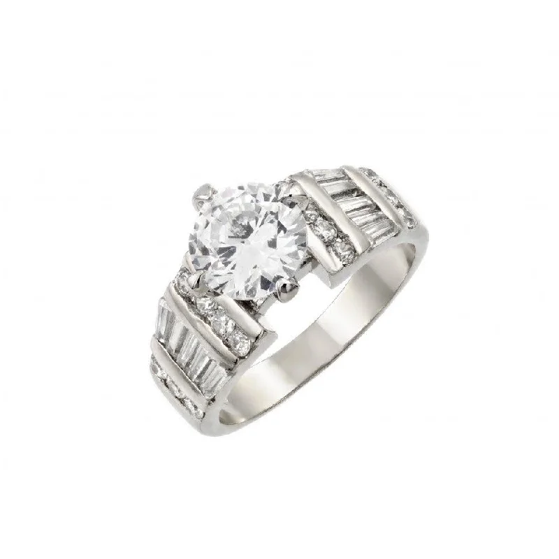 Ladies rings diamond accents-Silver 925 Rhodium Plated Stone with Baguette Ring - BGR00009