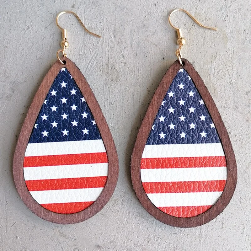 Ladies earrings engagement gifts-Beautiful Wooden American Flag Drop Earrings