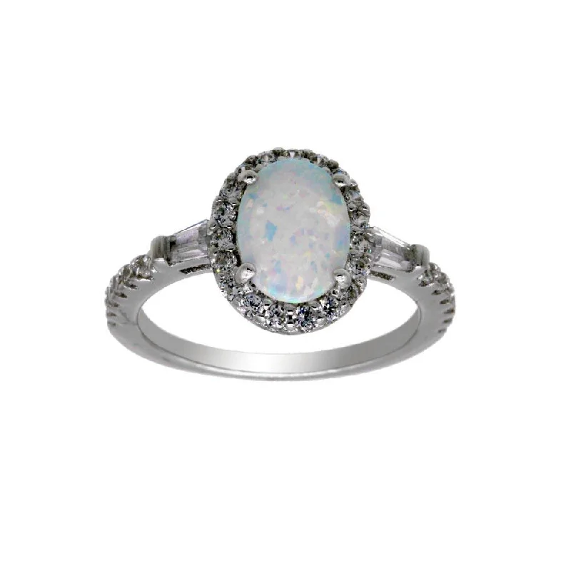 Ladies rings lightweight options-Rhodium Plated 925 Sterling Silver Oval Halo Opal CZ Ring - BGR01304