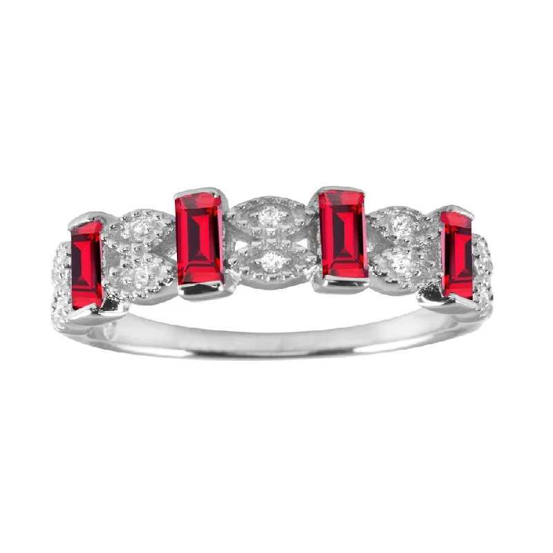 Ladies rings trending styles-Rhodium Plated 925 Sterling Silver Red Bar CZ Link Ring  - BGR01223RED