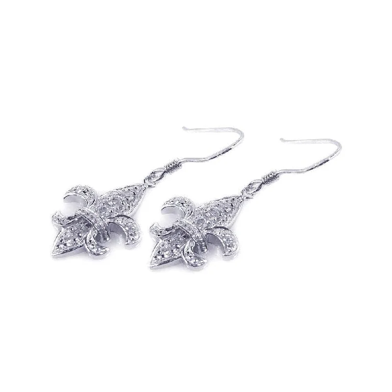 Ladies earrings bridal must-haves-Silver 925 Rhodium Plated Fleur De Lis CZ Hook Dangling Earrings - STE00528