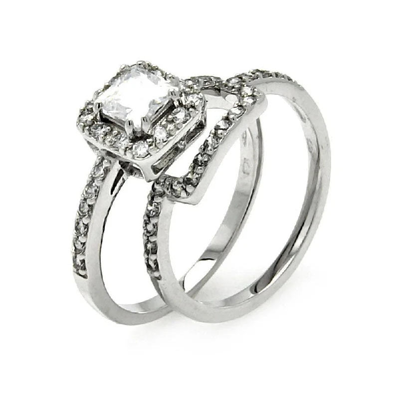 Ladies rings anniversary picks-Silver 925 Rhodium Plated Princess Cut Clear CZ Square Bridal Ring Set - BGR00453