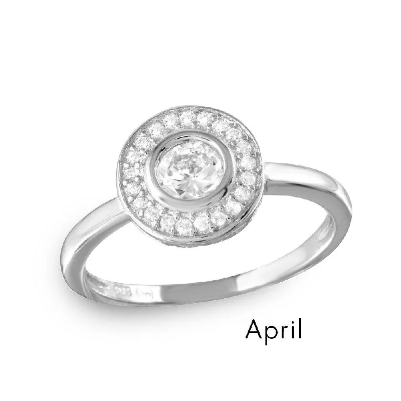 Ladies rings geometric patterns-April Sterling Silver 925 Rhodium Plated CZ Center Birthstone Halo Ring - BGR01082APR