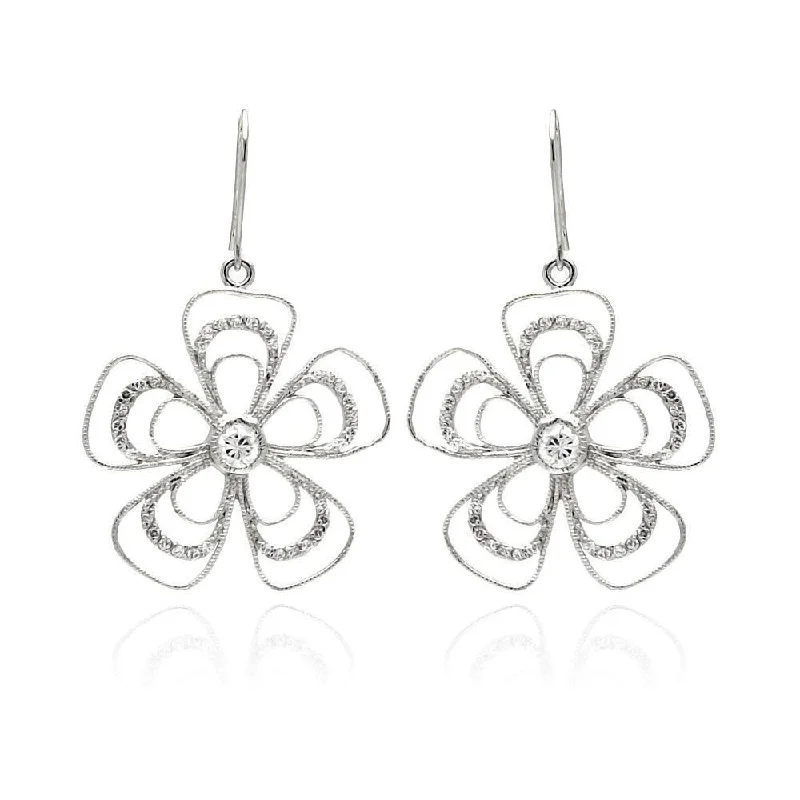 Ladies earrings engraved names-Clearance-Silver 925 Rhodium Plated Open Flower CZ Dangling Hook Earrings - BGE00232