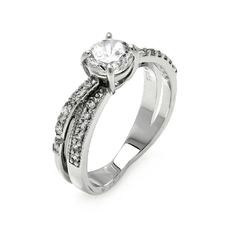 Ladies rings floral accents-Silver 925 Rhodium Plated Clear CZ Round Overlap Bridal Ring - BGR00467