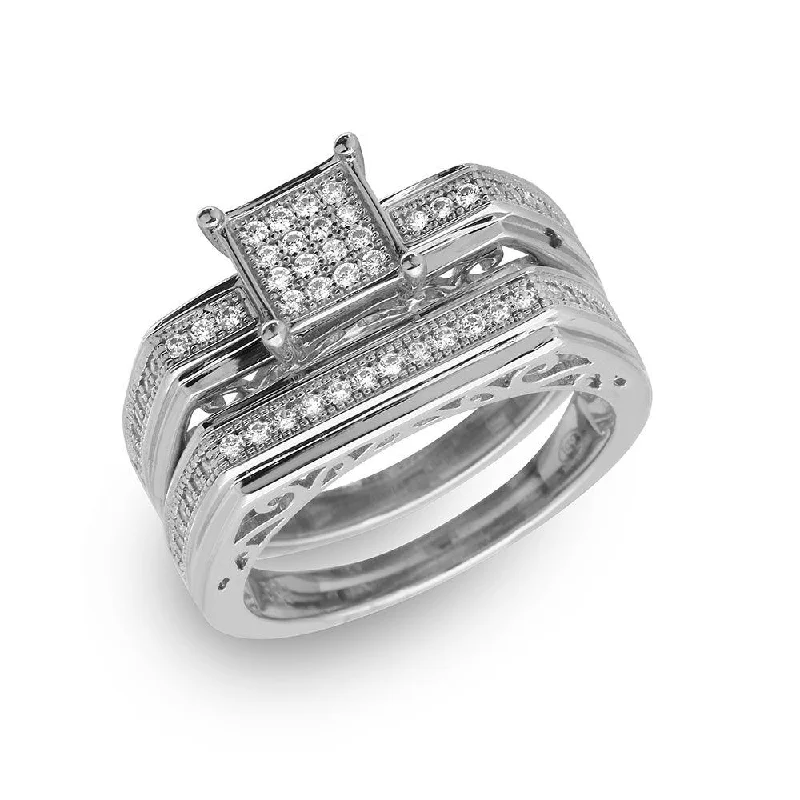 Ladies rings anniversary picks-Silver 925 Rhodium Plated Two Piece Clear CZ Square Bar Accent Ring - GMR00152