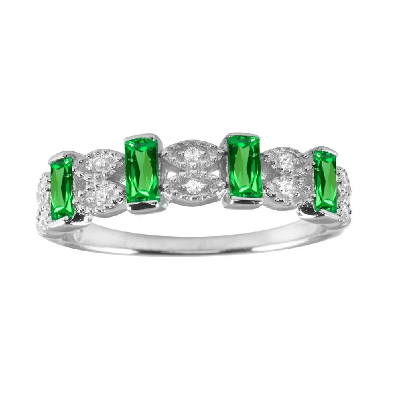 Ladies rings elegant looks-Rhodium Plated 925 Sterling Silver Green Bar CZ Link Ring - BGR01223GRN