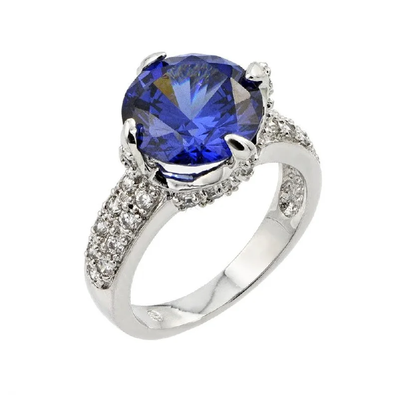 Ladies rings age suitability-Silver 925 Rhodium Plated Round Blue Center and Clear Micro Pave Set CZ Bridal Ring - BGR00779