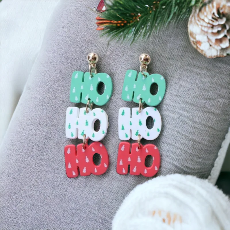 Ladies earrings open patterns-"Ho Ho Ho" Red, White, and Green Holiday Stud Drop Earrings