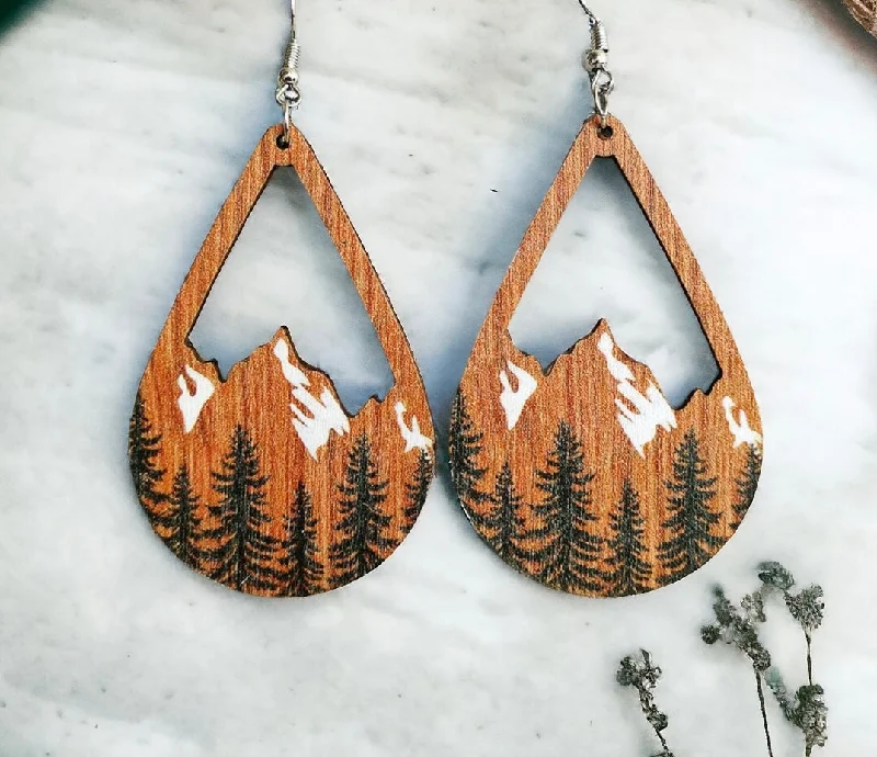 Ladies earrings price range-Snowy Mountain Forest Wooden Earrings