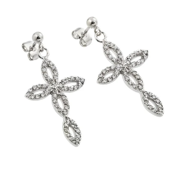 Ladies earrings rose gold-Silver 925 Rhodium Plated Open Marquis Cross CZ Dangling Earrings - BGE00291